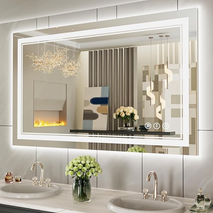 44 x 32 Inch LED Bathroom Mirror, Front Light and Backlit Lighted Vanity Mirror, Anti-Fog, Dimmable Memory, Shatterproof, Wall-Mounted