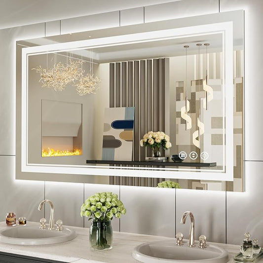 44 x 32 Inch LED Bathroom Mirror, Front Light and Backlit Lighted Vanity Mirror, Anti-Fog, Dimmable Memory, Shatterproof, Wall-Mounted