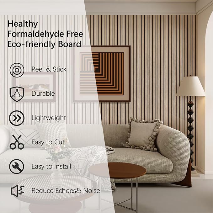 Acoustic Wood Wall Panels, 2 PCS Slat Wall Panels - Walnut Veneer Soundproof Panels for Home & Office, 94.5" Extra-Long Easy Peel & Stick Panels for Walls (11.8"W x 94.5"L)