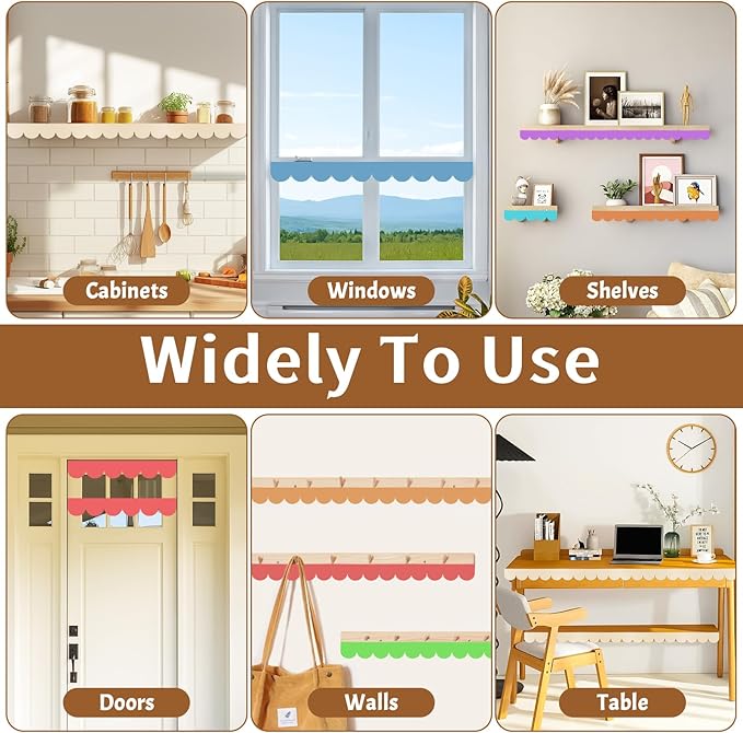 12Pcs Unfinished Scalloped Decorative Wood Trim with Glue Dots, 15.75" x 3.54" Scalloped Wooden Edging Trim Cute DIY Moulding Trim for Home Wall Cabinet Window Door Decor, Interior & Exterior Use