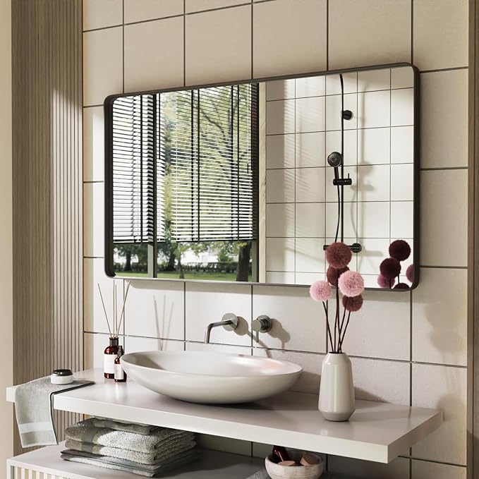 Bathroom Mirror for Wall, 48x28 Inch Matte Black Framed Bathroom Vanity Mirror for Farmhouse Living Room Bedroom, Anti-Rust, Tempered Glass, Horizontal/Vertical