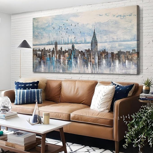 Arjun Cityscape Wall Art New York City Skyline Picture Modern Abstract Grey NYC Skyline City Painting Framed Artwork for Bedroom Living Room Home Office Decor, Extra Large 58"x29"