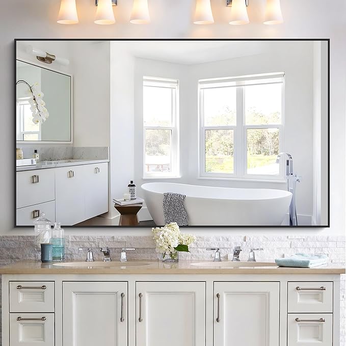 KOCUUY 60x36 Inch Large Black Wall Mounted Mirror,Aluminum Framed Decorative Rectangular Bathroom Mirror for Wall Over Sink,Vanity Mirror for Bedroom Living Room Bathroom,Functional Oversized Mirror