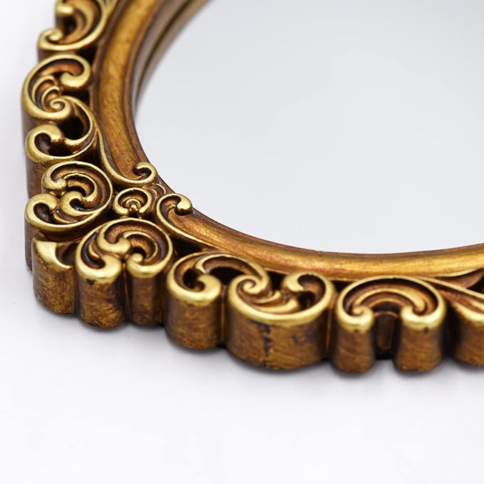 OIGUMR Oval Smallest Wall Mirror Resin Frame Size：12 x 8.3 inch Mirror Vintage Hanging Mirrors for Bedroom Living-Room Dresser Decor Gold
