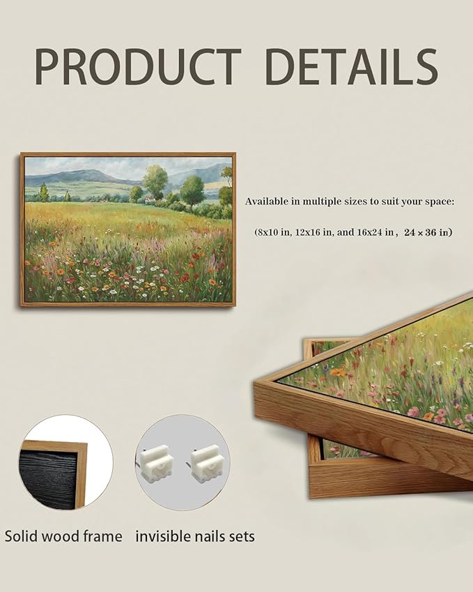 KISSFOX Vintage Landscape Canvas Wall Art Spring Farmhouse Colorful Wildflower Field Framed Wall Art Natural Countryside Cottagecore Paintings Artwork Rustic Art Prints For Bedroom Living Room