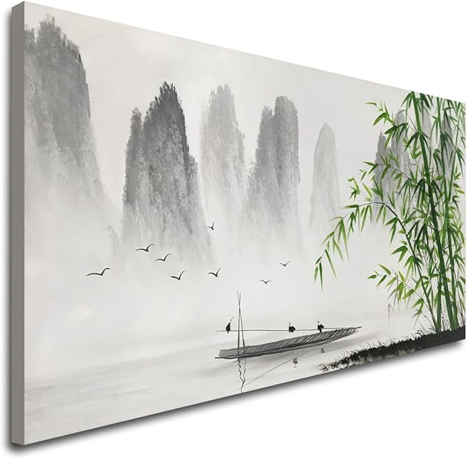 Large Hand Painted Traditional Chinese Painting Black and White Modern Landscape Canvas Wall Art Handmade Bamboo Artwork