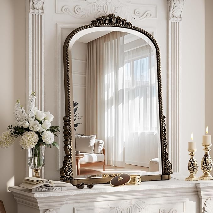 32 x 24 inch Beaded Arched Wall Mirror, Vintage Bathroom Vanity Mirror Over Sink for Entryway, Bedroom, Living Room, Bronze
