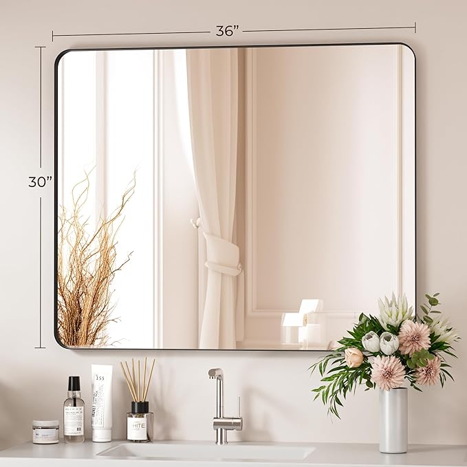 Black Bathroom Mirror 30X36 Inch Bathroom Vanity Mirror for Wall, Metal Frame Large Mirror, Tempered Glass, Modern Wall Mirror for Bathroom, Farmhouse, Horizontally or Vertically Hanging