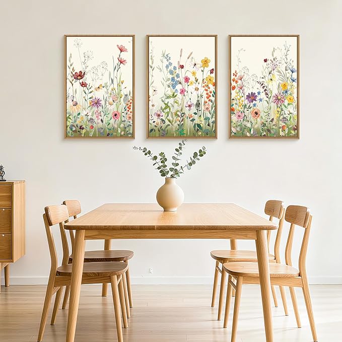 Aryroi Watercolor Colorful Wildflower Framed Canvas Wall Art Set,Modern Nature Flower Wall Decor,Natural Pink Green Floral Botanical Artwork for Living Room, Bedroom,Farmhouse- 16"x24"x3