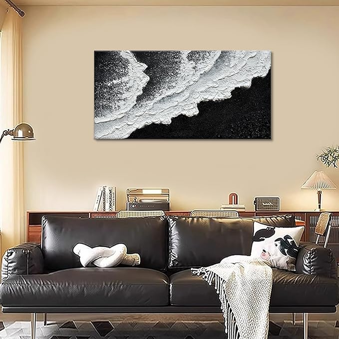 Black and White Beach Wave Textured Wall Art 3D Oil Painting Hand Painted Abstract Canvas Framed 40x20 Inch Acrylic Painting
