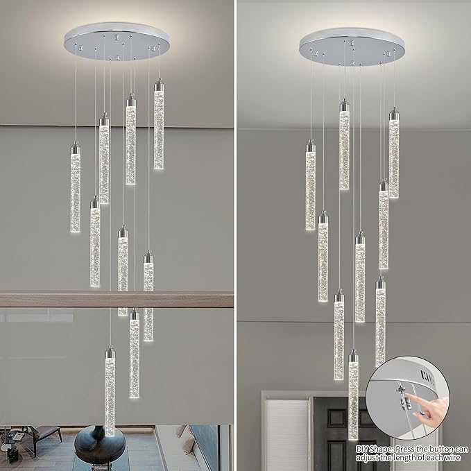 9-Lights High Ceiling Crystal Staircase Chandelier Silver, Modern Spiral Raindrop Dimmable LED Bubble Cluster Ceiling Hanging Lighting Fixture for Foyer Living Room Entrance Remote Control