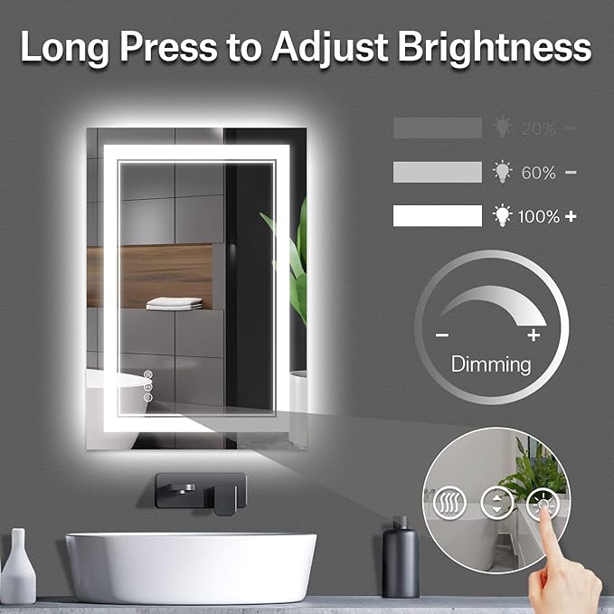 44 x 32 Inch LED Bathroom Mirror, Front Light and Backlit Lighted Vanity Mirror, Anti-Fog, Dimmable Memory, Shatterproof, Wall-Mounted