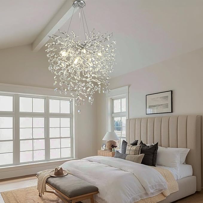 24 in Crystal Chandelier for Dining Room, Round Silver Tree Branches Chandeliers, Top K9 Crystal Chandelier, Modern Chandeliers for Kitchen,Foyer Entryway,Luxury Adjustable Hanging Chandeliers