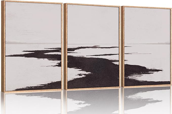 KAIRNE Abstract Neutral lake Framed Wall Art Set, Neutral Shape Wall Painting, Abstract Black and Grey Landscape Wall Decor, Modern Watercolor Art Print for Living Room, Bedroom, Office - 24"x36"x3