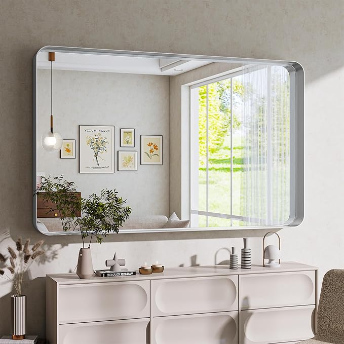 Bathroom Mirror Vanity for Over Sink Wall Mirror - 30x48 Inch Rounded Corner Rectangle Aluminum Frame Mirror,Hangs Horizontally or Vertically for Living Room Bedroom or Entryway Silver