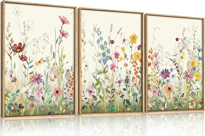 Aryroi Watercolor Colorful Wildflower Framed Canvas Wall Art Set,Modern Nature Flower Wall Decor,Natural Pink Green Floral Botanical Artwork for Living Room, Bedroom,Farmhouse- 16"x24"x3