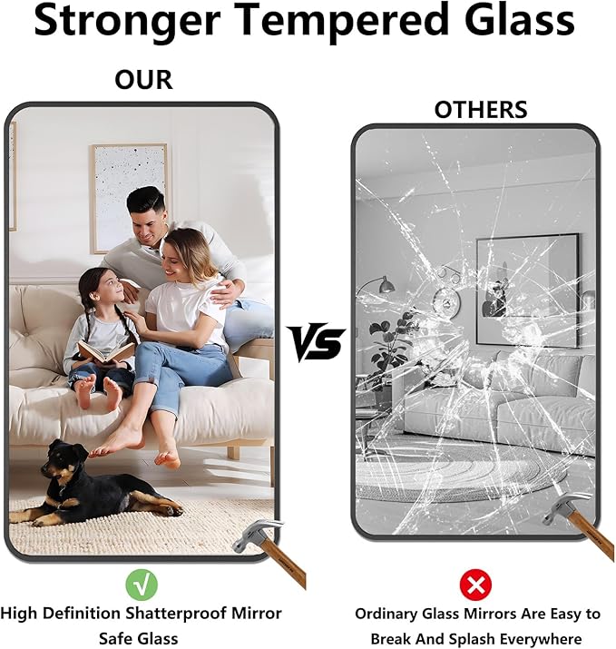 Bathroom Mirror, 30X50 Inch Black Metal Framed Mirror for Bathroom, Tempered Glass, Anti-Rust, Rounded Rectangle Mirror for Restroom, Bedroom, Black