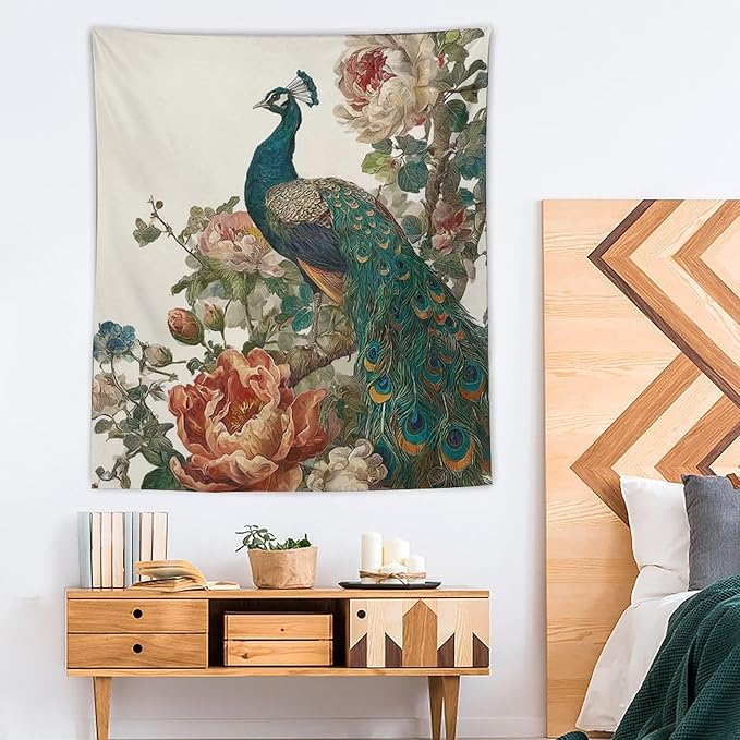 UUKXKUU Peacock Oriental Retro Blooming Flowers Tree Tapestry Wall Decor Large Wall Art Backdrop Flag Hanging for Bedroom Living Room Dorm Office 50"×60"