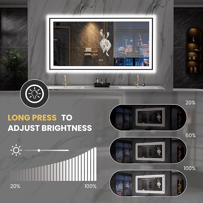 LOAAO 72"X36" LED Bathroom Mirror Black Framed, Anti-Fog, Dimmable, Lighted Bathroom Vanity Mirror for Wall, Memory Function, Tempered Glass