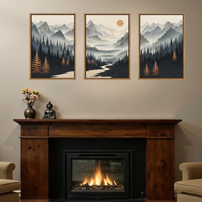 Ausril Watercolor Mountain Forest Framed Canvas Wall Art Set, Wood Foggy Lake Wall Decor, Misty Pine Tree Wall Painting, Neutral Nature Landscape Art Print for Living Room, Bedroom, Office - 16"X24"X3