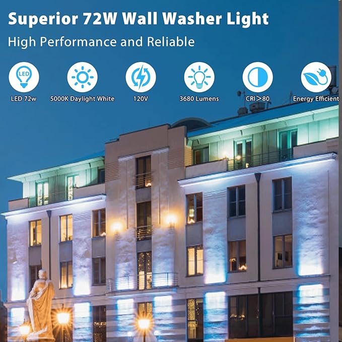 2-Pack 72W LED Wall Wash Lights 5000K Daylight White, 120V IP67 Waterproof Wall Wash Light Outdoor Lighting Bar for Building, Landscape, Commercial – 3.2FT, Black