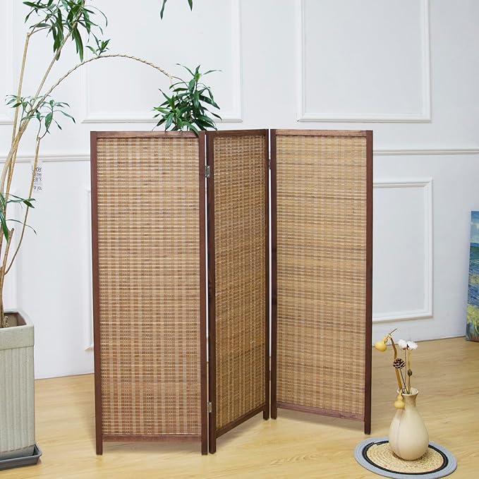 3 Panel Room Divider Short Folding Screen Divider,Double Sided Bamboo Divider Screen for Room Separation,Brown,47.2" H x 46.1" W