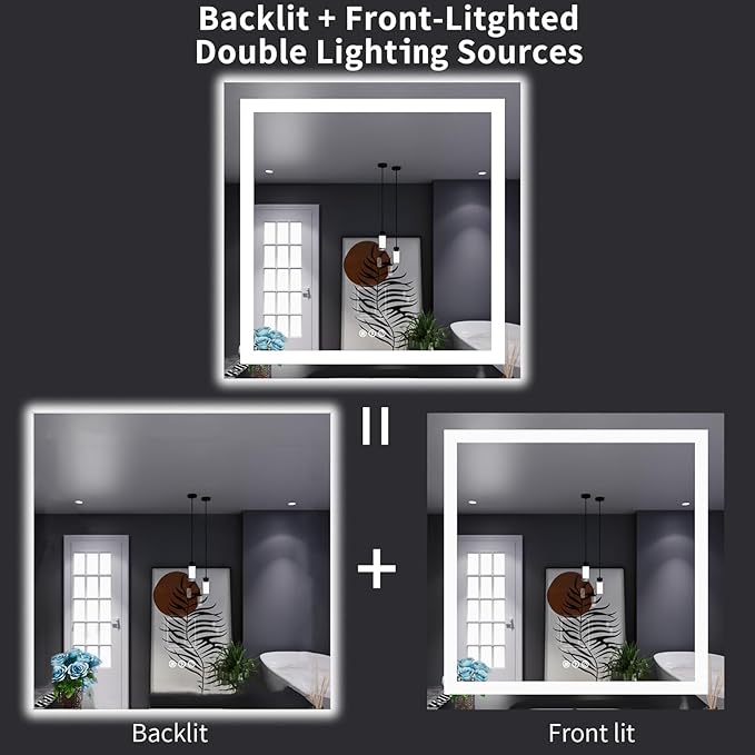 LOAAO 32"X32" LED Bathroom Mirror with Lights, Anti-Fog, Dimmable, Backlit + Front Lit, Lighted Bathroom Vanity Mirror for Wall, Memory Function, Tempered Glass, Shatter-Proof, ETL Listed