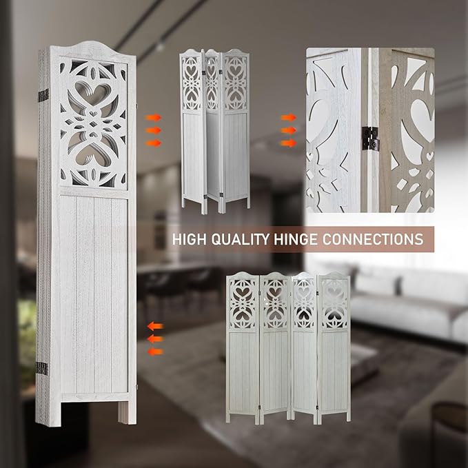 4 Panel Room Divider Fully Assembled, Carved Room Dividers and Folding Screens, 5.6Ft Wood Room Divider Screen Freestanding Partition Wall Dividers for Home Bedroom Office, Rustic White