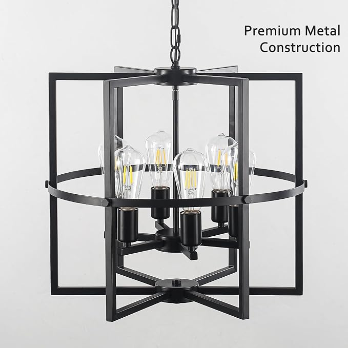 6-Light Black Farmhouse Chandelier for Dining Room, 19'' Modern Industrial Metal Cage Adjustable Hanging Pendant Light for Kitchen Island, Entryway, Hallway, Bedroom