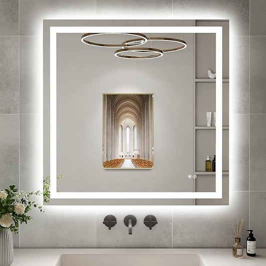 36x36 LED Bathroom Mirror with Lights, Brighter Backlit + Front Lit, Tempered Glass, Dimmable, Multiple Light Modes, Anti-Fog Lighted Bathroom Vanity Mirror for Wall, Memory Function