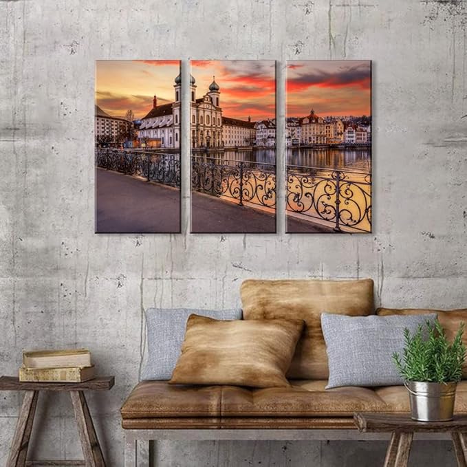 3Pcs European Cityscape Canvas Wall Art Scenic Sunset Over River Cathedral with Domes Lucerne-Inspired Architecture Romantic Travel Destination Decorative Framed Artwork for Living Rooms Bedrooms