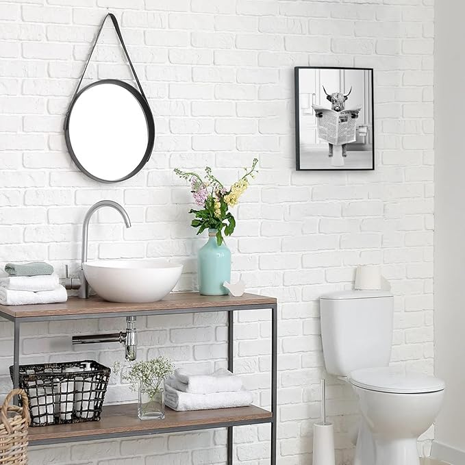 KBKBART Funny Highland Cow Wall Art Set of 3, Rustic Farmhouse Bathroom Cow Pictures Wall Decor Painting, Brown Cute Cow Animal Canvas Posters Prints for Bathroom Restroom Home Decor Framed 8x10 Inch