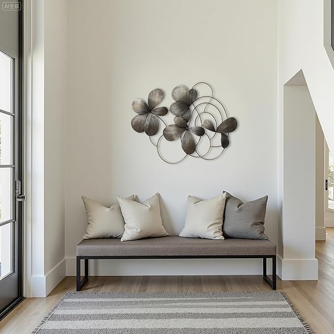 LuxenHome Metal Art Wall Decor, 42" Wide Dark Gray Abstract Metal Floral Accent Decor, Horizontal Wall Art Iron Artwork, Hanging Sculptures for Home, Living Room, Bedroom, Kitchen, Office