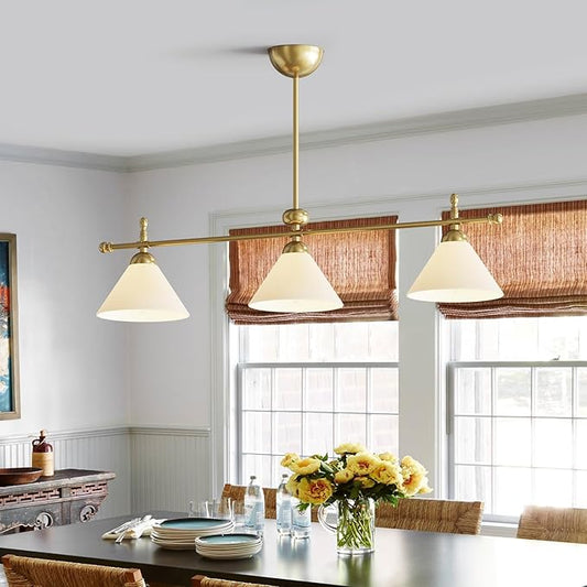 Linear Chandelier, Modern Chandelier for Dining Room Light Fixture, Dining Light Fixtures with Milk Glass Shade Pendant Lights Kitchen Island for Restaurant, Living Room (Gold, 3-Lights)