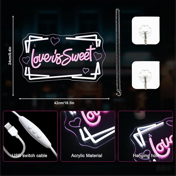 Lucunstar Love is Sweet Neon Sign,Led Light Sign for Wedding Decor Bridal Shower,USB Connectivity Led Sign with Dimming Switch for Home Wall Decor,Girls Decor,Party Room