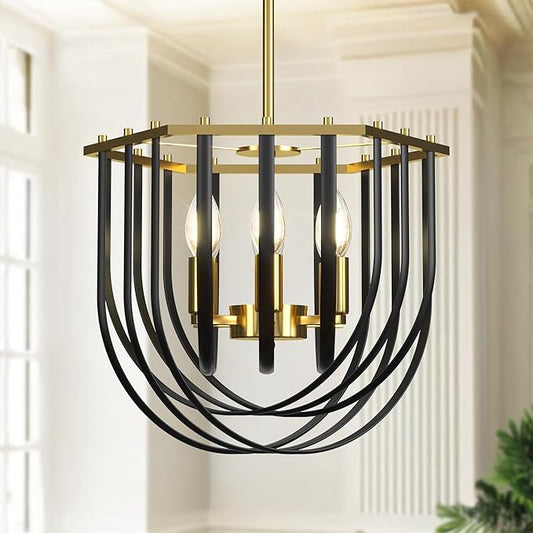 6-Light Modern Farmhouse Chandelier, Black and Gold Dining Room Light Fixture, Hanging Pendant Lights Kitchen Island, Foyer Lighting Fixtures with Metal Frame, for Living Room, Bedroom, Entryway
