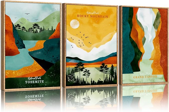 CHDITB Framed National Park Wall Decor, Grand Canyon Rocky Mountain Wall Art Set,Yosemite Sunset Forest Lake Canvas Art Prints, Nature Landscape Wall Painting for Living Room Bedroom Office 24"x36"
