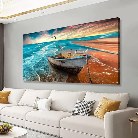 Beach Sunset Pictures Canvas Wall Art For Living Room Bedroom Wall Decor,Seascape Wall Art Print Paitnings For Home Decor,Morden Artwork Boat Canvas Art Waterproof Ready To Hang-20X40Inches