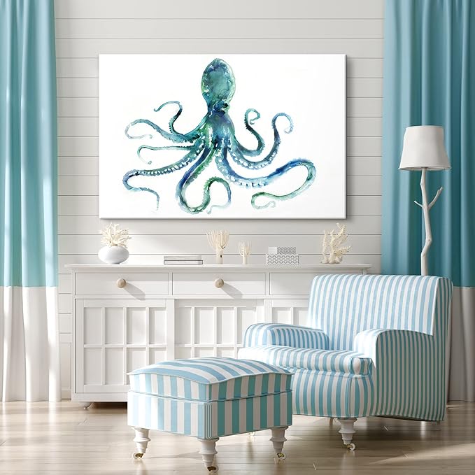 Blue Octopus Canvas Wall Art by Edward Selkirk Coastal Wall Decor Nautical Ocean Animal Watercolor Marine life Sea Picture Framed Large Size Artwork for Living Room Bedroom Home Decoration 48x32 Inch