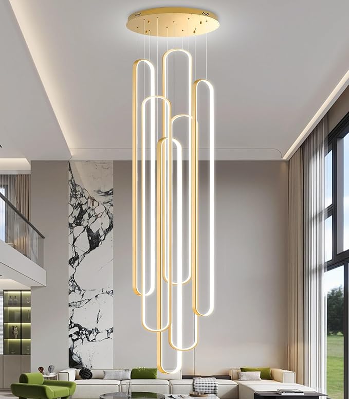 6 Rings Modern Large Chandelier for Staircase High Ceiling Chandelier LED Dimmable Black Chandeliers for Foyer Living Room Villa Gold