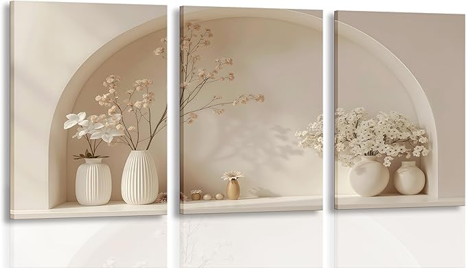 3pcs Framed Canvas Wall Art Arched Wabi Sabi Niche Textured Vases Dried Florals Posters Prints Pictures Paintings Minimalist Warm Beige Wall Decor for Bedroom Living Room Bohemian Decoration
