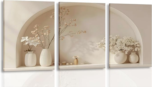 3pcs Framed Canvas Wall Art Arched Wabi Sabi Niche Textured Vases Dried Florals Posters Prints Pictures Paintings Minimalist Warm Beige Wall Decor for Bedroom Living Room Bohemian Decoration