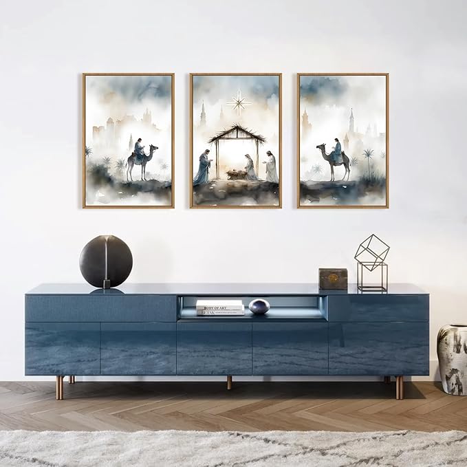 Large Catholic Jesus Nativity Scene Framed Canvas Wall Art Set,Watercolor Holy Birth of Jesus Wall Decor,Trendy Christmas Religious Artwork for Living Room,Bedroom,Church-16 x24 x3