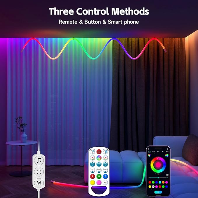 LED Rope Lights, 9.84ft Neon LED Lights Strip with 360 Degree Luminous, 5V USB Flexible IP67 Waterproof Music Sync Remote APP Control Gaming Lights Accessories for Bedroom Outdoor Décor