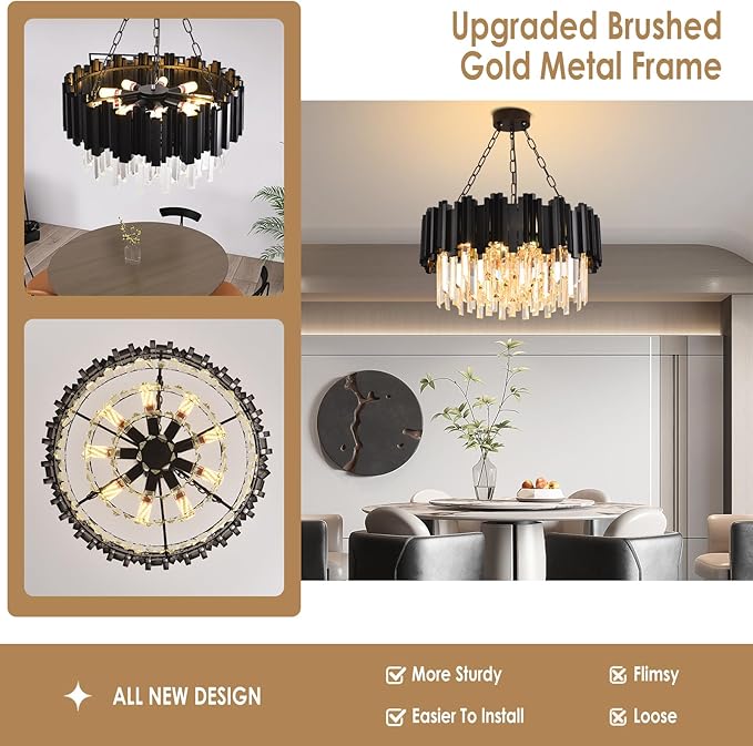 Black Crystal Chandelier Modern Crystal Chandelier for Dining Room Living Room 9-Light Round Contemporary Chandeliers Ceiling Hanging Pendant Light Fixture for Entryway Foyer Bedroom Staircase W22"