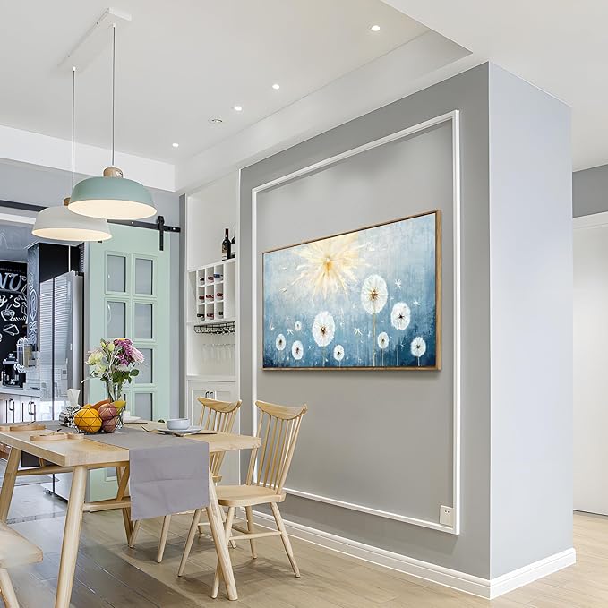 Nicetop Large Framed Inspirational Wall Pictures for Living Room Blue Floral Canvas Art Prints for Bedroom Office Nature-Inspired Dandelion Botanical Flower Artwork,Home Coastal Wall Decor 48x24 Inch