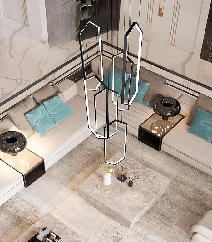 6-Rings Chandelier Modern, Black Contemporary LED Light for Living Room Entrance, Dimmable Flush Mount High Ceiling Chandeliers with Remote Control for Villa Foyer