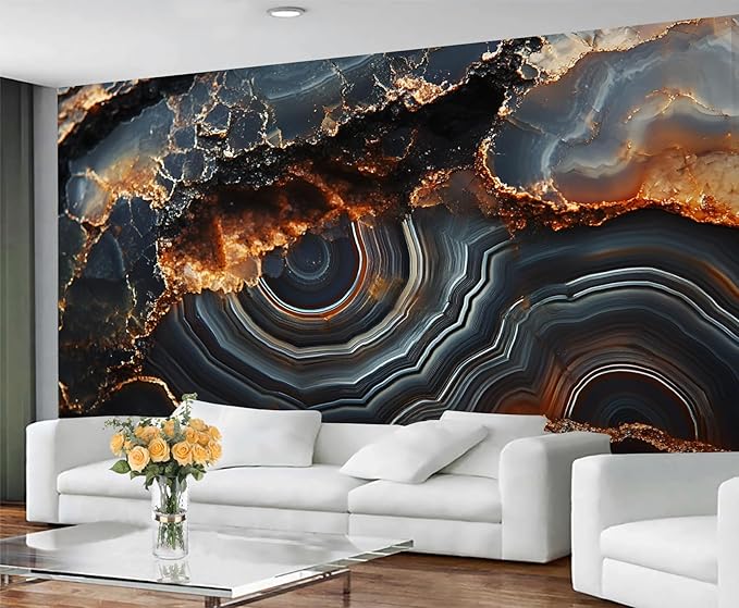 3D Agate Stone Mural Wallpaper, Black Gold Marble Murals, Modern Fashion Marble Murals, Wallpaper for Living Room Bedroom Boy Girl Room Home Decor Mural (Not Peel Stick)