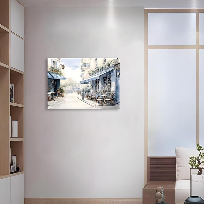 Modern Framed Street View Wall Art European Coffee Shop Canvas Print, Contemporary City Scene Painting, Vintage Cafe Artwork for Kitchen Dining Room Living Room, Bedroom Home Decor, Multi Size