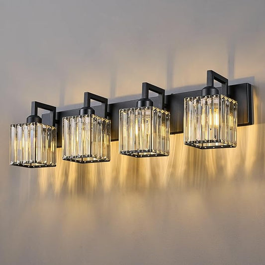 Black Bathroom Light Fixture, 4-Light Crystal Vanity Lighting, Bathroom Lighting Fixtures Over Mirror, Modern Crystal Wall Lamp